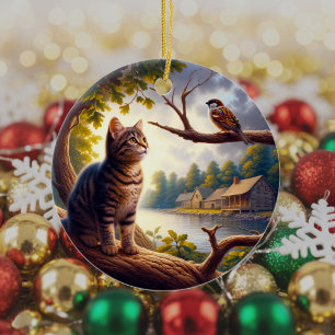 Curious Tabby Cat Keepsake Ceramic Tree Decoration