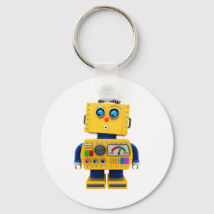 Curious toy robot looking down key ring