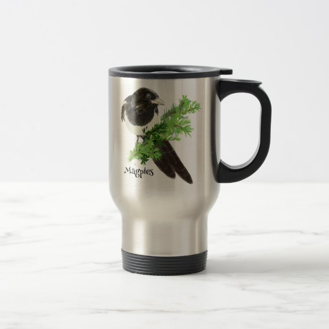 Curious watercolor Magpie Bird Nature Art Travel Mug (Right)