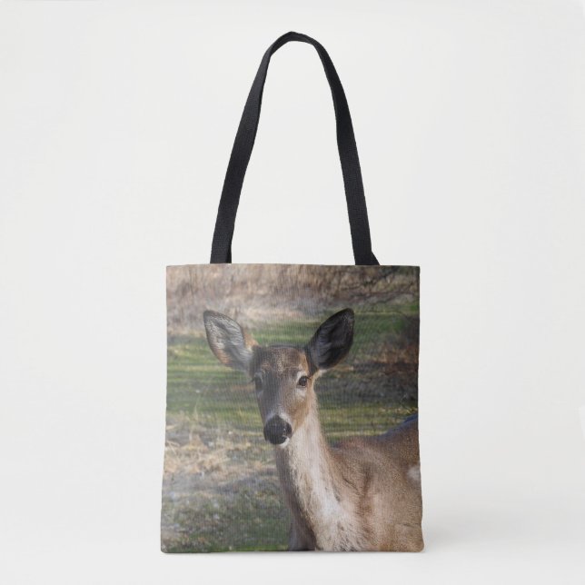 Curious White Tailed Deer Tote Bag (Front)