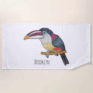 Curl crested aracari bird cartoon illustration beach towel