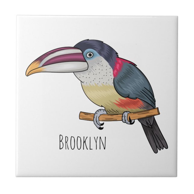 Curl crested aracari bird cartoon illustration  tile (Front)