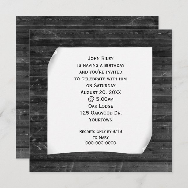 Curled Paper on Black Wood Invitation (Front/Back)