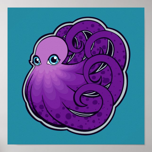 Curled Purple Spotted Octopus Ink Drawing Design Poster (Front)