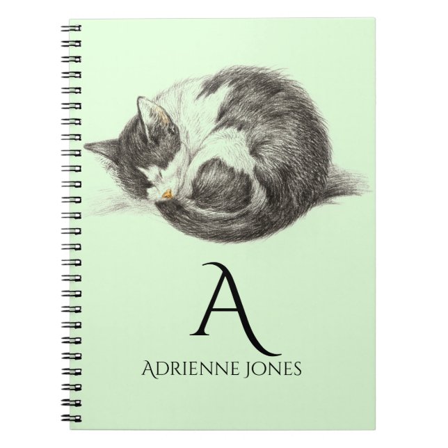 Curled Up Sleeping Cat Custom Name Notebook (Front)