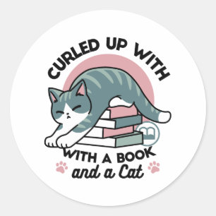 Curled Up with a Book and a Cat - Cosy Cat Reading Classic Round Sticker