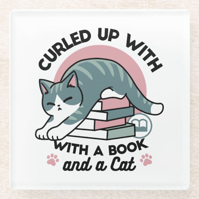 Curled Up with a Book and a Cat - Cosy Cat Reading Glass Coaster (Front)