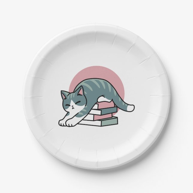 Curled Up with a Book and a Cat - Cosy Cat Reading Paper Plate (Front)