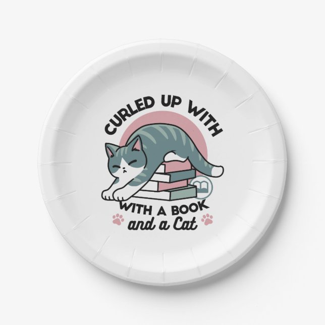Curled Up with a Book and a Cat - Cosy Cat Reading Paper Plate (Front)