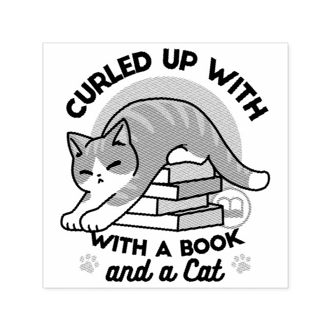 Curled Up with a Book and a Cat - Cosy Cat Reading Self-inking Stamp (Design)