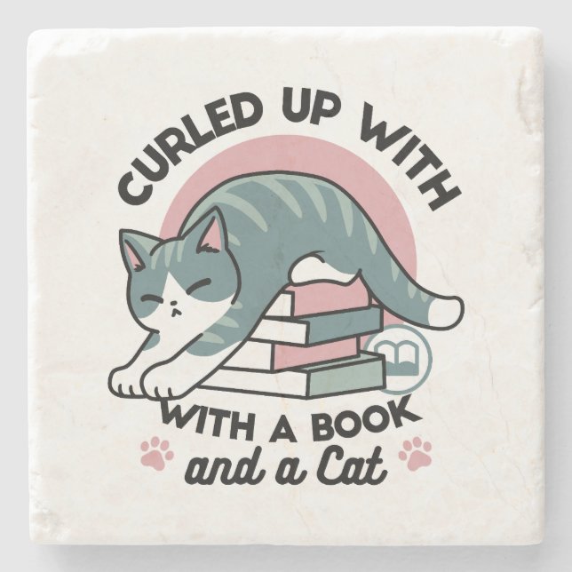 Curled Up with a Book and a Cat - Cosy Cat Reading Stone Coaster (Front)