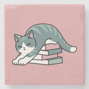 Curled Up with a Book and a Cat - Cosy Cat Reading Stone Coaster
