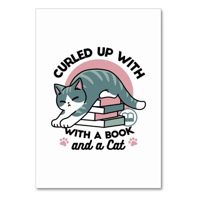 Curled Up with a Book and a Cat - Cosy Cat Reading Table Number (Front)