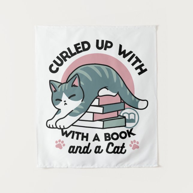 Curled Up with a Book and a Cat - Cosy Cat Reading Tapestry (Front)
