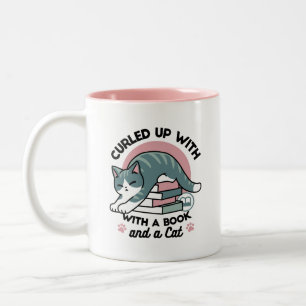 Curled Up with a Book and a Cat - Cosy Cat Reading Two-Tone Coffee Mug