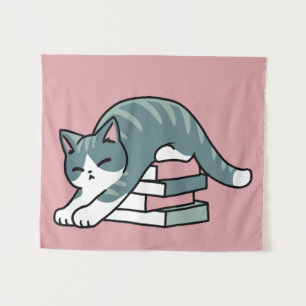 Curled Up with a Book and a Cat - Cozy Cat Reading Tapestry