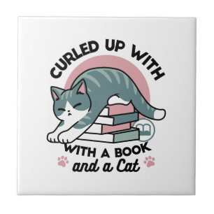 Curled Up with a Book and a Cat - Cozy Cat Reading Tile