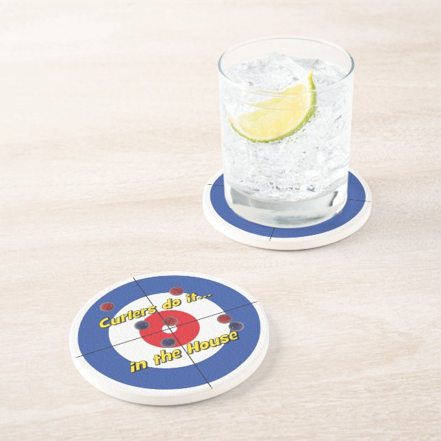 "Curlers do it...House" Sandstone Coaster - (Blue) (Side)