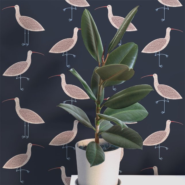 Curlew Bird Coastal Pattern Wallpaper (Curlew coastal bird pattern dark charcoal gray art peel and stick wallpaper)