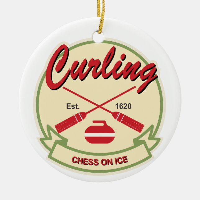 Curling: chess on ice ceramic tree decoration (Front)