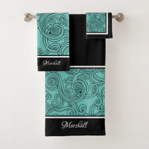 Curls Design Aqua Black White Bath Towel Set