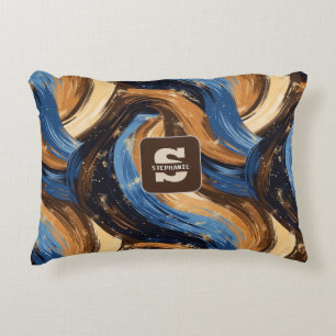 Curly Abstract Brushstrokes in Blue & Brown Decorative Cushion