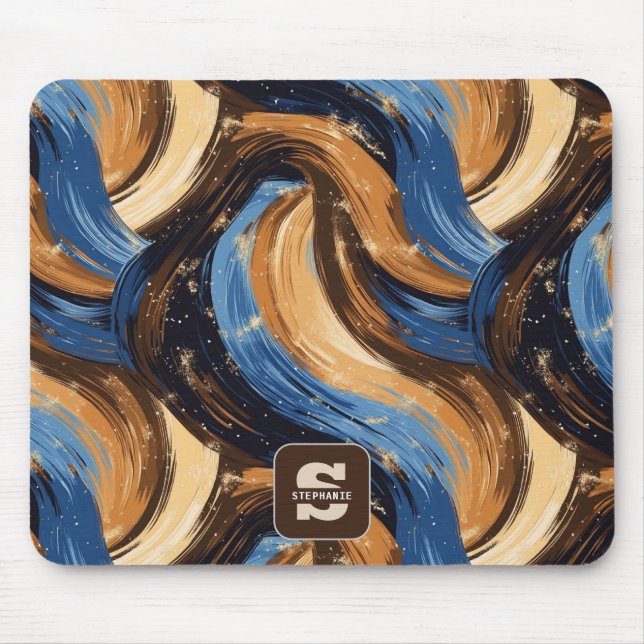 Curly Abstract Brushstrokes in Blue & Brown Mouse Mat (Front)