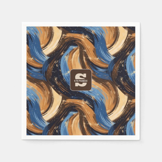 Curly Abstract Brushstrokes in Blue & Brown Napkin (Front)