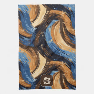 Curly Abstract Brushstrokes in Blue & Brown Tea Towel