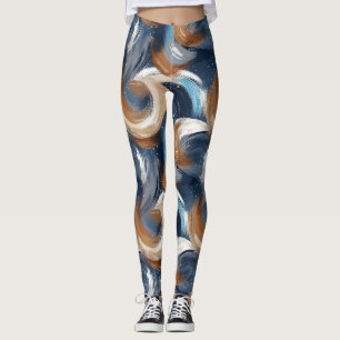 Curly Abstract Brushstrokes in Blue, White & Brown Leggings