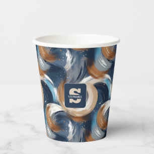 Curly Abstract Brushstrokes in Blue, White & Brown Paper Cups