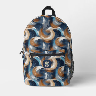 Curly Abstract Brushstrokes in Blue, White & Brown Printed Backpack