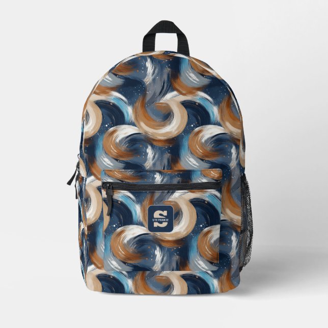 Curly Abstract Brushstrokes in Blue, White & Brown Printed Backpack (Front)