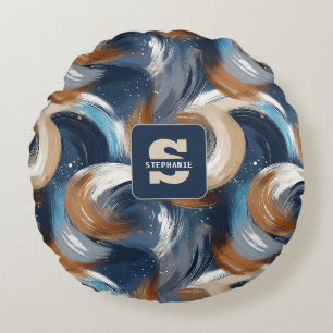 Curly Abstract Brushstrokes in Blue, White & Brown Round Cushion