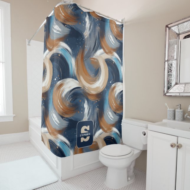 Curly Abstract Brushstrokes in Blue, White & Brown Shower Curtain (In Situ)