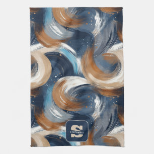 Curly Abstract Brushstrokes in Blue, White & Brown Tea Towel