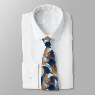 Curly Abstract Brushstrokes in Blue, White & Brown Tie