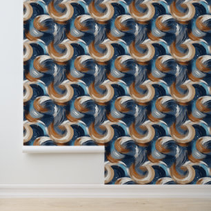 Curly Abstract Brushstrokes in Blue, White & Brown Wallpaper
