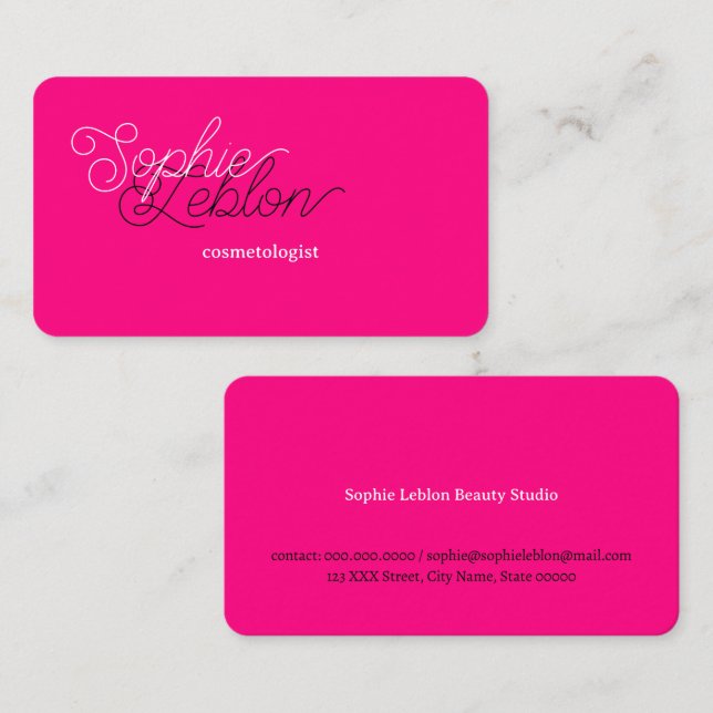 Curly Beauty Calligraphy Bright Pink Cosmetologist Business Card (Front/Back)
