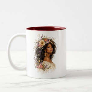 Curly Hair Floral Queen Watercolor Mug