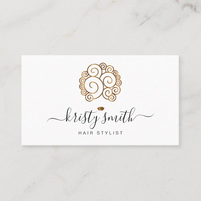Curly hair woman in gold colour business card (Front)