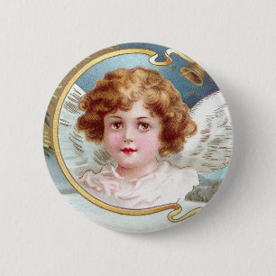 Curly Haired Angel Vintage Christmas 6 Cm Round Badge