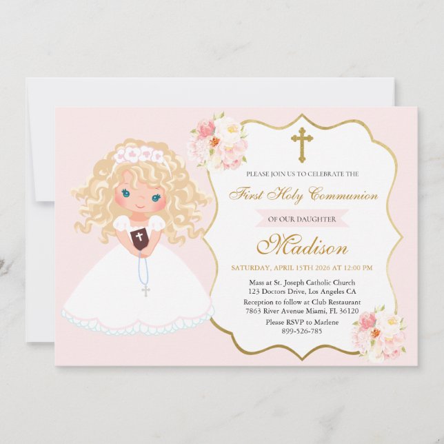 Curly haired Girl First Communion Soft Pink floral Invitation (Front)