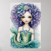 Curly Haired Girl Green Mermaid Poster