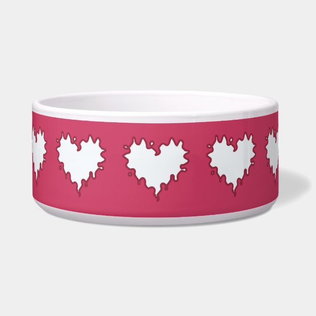 Curly Heart White on Dark Pink Ceramic Pet Bowl (Front)