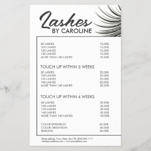 Curly Lash Extensions Bordered White Price List Flyer