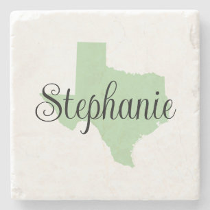 Curly Script Name Pale Green Texas Stone Coaster