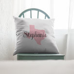 Curly Script Name Pink Texas Cushion<br><div class="desc">Map shape of the state of Texas in a pretty shade against pink. 
The colours of the text,  background and shape digital graphic are all customisable.
Choose your favourite colour to create your own souvenir.</div>