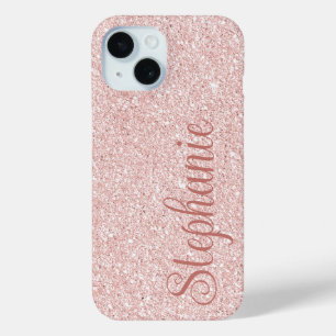 Curly Script Name Rose Gold Glitter iPhone 15 Case