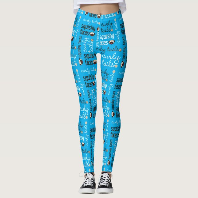 Curly Tail Squishy Faces Pug Text Pattern Leggings (Front)